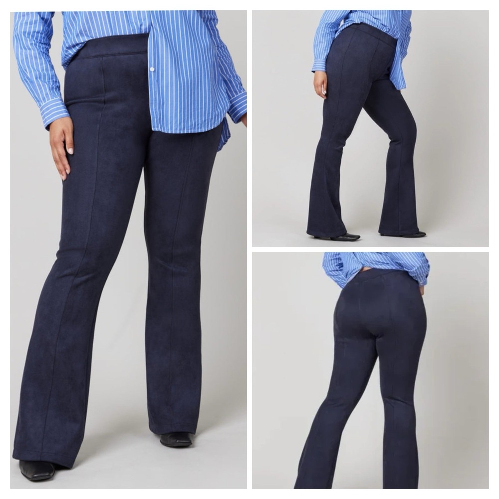 SPANX Faux Suede Flare Pants Size Large 30x33 Navy Seamed Pull-on‎ Shaping $148